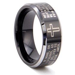 King Will Black Tungsten Carbide Ring Lords Prayer Wedding Engagement Band Polished Finish Beveled Edge