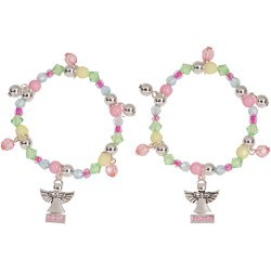 Little Girl Crystal Angel Charm BFF Bracelets Set of Two Pink Green Beaded Stretch Bracelets