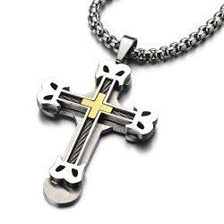 Masculine Mens Large Cross Pendant Necklace Steel with Steel Cable Inlay and 30 Inches Wheat Chain