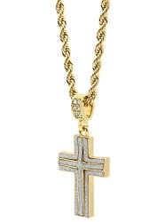 Mens 14k Gold Plated Stardust Two Cross Thick Pendant Hip-Hop 4mm 24″ Rope Chain Necklace