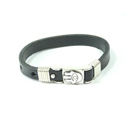 Men’s Adjustable Evil Eye Protection Black Leather Bracelet with Hamsa Hand Charm