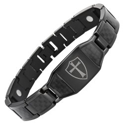Mens Black Titanium Magnetic Bracelet Knights Templar Cross Shield Black Carbon Fiber Link Removal Tool