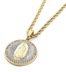 Mens Gold Tone Si Stardust Round Virgin Guadalupe Pendant 4mm 24″ Rope Chain Necklace