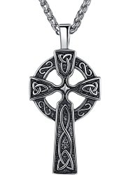 Men’s Stainless Steel Celtic Cross Pendant Necklace, Unisex, 24″ Link Chain, aap011