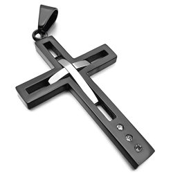 Men’s Stainless Steel Pendant Necklace CZ Black Silver Cross Hollow Openwork -with 23 inch Chain