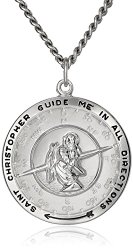 Men’s Sterling Silver Saint Christopher Pendant Necklace with Stainless Steel Chain, 24″