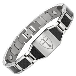 Mens Titanium Magnetic Bracelet Knights Templar Cross Shield Black Carbon Fiber with Link Removal Tool