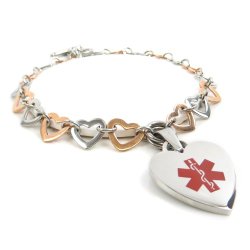 MyIDDr- Penicillin Allergy Medical Alert charm bracelet, Steel Hearts, Pre-Engraved