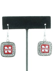 Officially Licensed University of Nebraska Cornhuskers Silvertone Square Crystal Studded Dangle Earrings