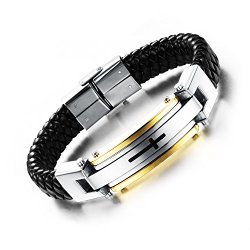 OPK Jewelry Fashion Solid Stainless Steel Cross Braide Leather Bangle Bracelet Men Jewelry