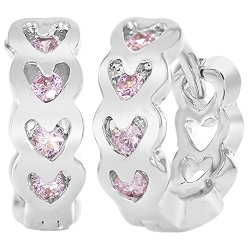 Rhodium Plated Hoop Huggie CZ Light Pink Crystal Hearts Teens Girl Earrings 10mm