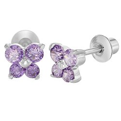 Rhodium Plated Purple Crystal Butterfly Screw Back Earrings Baby Toddlers