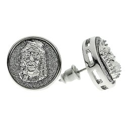Round Jesus Christ Face Head Silver Finish Sparkle Iced-Out Big Circle Hip Hop Sparkly Glitter Earrings