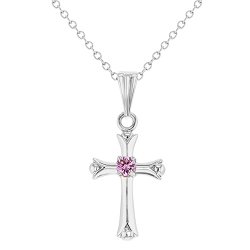 Small Girl Lady Pink Crystal Cross Crucifix Pendant Necklace Rhodium Plated