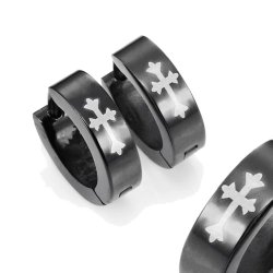 Stainless Steel Cross Design Huggie Hoop Earrings – Various Designs, Black, 10mm (With Branded Gift Box)