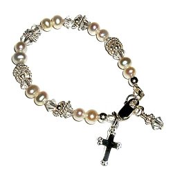 Sterling Silver Children’s Cultured Pearl First Communion Bracelet with Cross for Girls