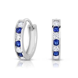 Sterling Silver Huggie Hoop Earring with Simulated Blue Sapphire and White Cubic Zirconia Size 1/2″