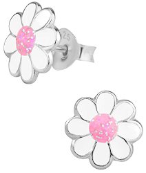 Sterling Silver Hypoallergenic Pink & White Glitter Flower Stud Earrings for Girls (Nickel Free)