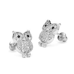 Sterling Silver Rhodium Plated Cute Owl Screwback Girls Earrings