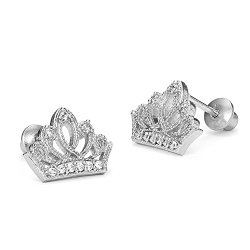 Sterling Silver Rhodium Plated Princess Crown Screwback Girls Earrings