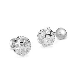 Sterling Silver Rhodium Plated Round Cut Ball Screwback Girls Earrings