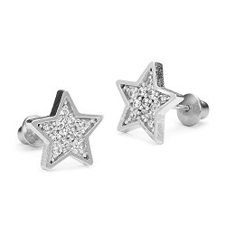 Sterling Silver Rhodium Plated Star Pave Screwback Girls Earrings