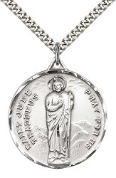 Sterling Silver St. Jude Pendant with 24″ Stainless Silver Heavy Curb Chain. Patron Saint of Desperate Situations