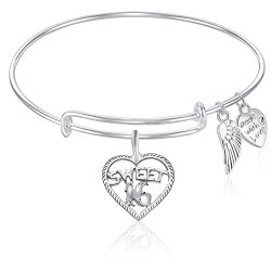 Sweet Sixteen 16th Birthday Expandable Wire Bangle Bracelet With Angel Wings GIFT BOXED