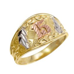Textured 14k Tri-Tone Gold Sweet 15 Anos Band Quinceanera Ring
