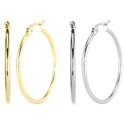 Women’s Stainless Steel High Polished Finish Rounded Hoops Earrings, Hypoallergenic, Nickel-free