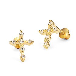 14k Gold Plated Brass Cross Screwback Girls Earrings with Sterling Silver Post