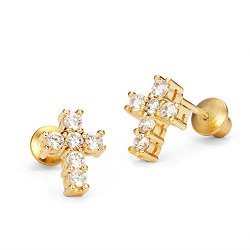 14k Gold Plated Brass CZ Cross Screwback Girls Earrings with Sterling Silver Post