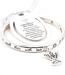 Accessory Accomplice Silvertone Engraved Children’s Blessing Angel Charm Stretch Bangle Bracelet