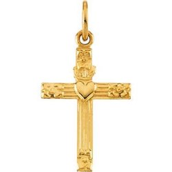 Childrens 14k Yellow Gold Heart Cross Necklace, 16″