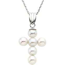 Childrens Freshwater Cultured Pearl Cross 14k White Gold Pendant Necklace (4.5-5mm), 16″