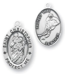 Men’s Sterling Silver Oval St. Christopher Ice Hockey Medal + 24 Inch Endless Stainless Steel Chain