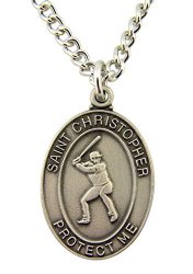 Pewter Saint Christopher Baseball Medal on Nickel Chain Necklace, 1 Inch