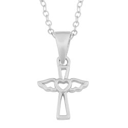 Rodium Plated Sterling Silver Angel Wing Cross With Heart Pendant Necklace (16 inch)