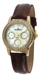 Peugeot Women’s 3025 Gold-Tone Swarovski Crystal Accented Multi-Function Brown Leather Strap Watch