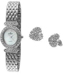 Peugeot Women’s 555S Silver-tone Watch & Crystal Accented Earing Gift Set