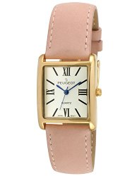 Peugeot Women’s Gold-Tone Classic Pink Suede Leather Strap Watch