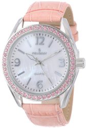 Peugeot Women’s  Silver-Tone Swarovski Crystal Accented Mother of Pearl Pink Leather Strap Watch 3006PK
