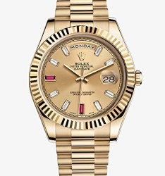 ROLEX DAY-DATE II 2 PRESIDENT YELLOW GOLD WATCH WITH DIAMOND AND RUBY DIAL FLUTED 218238