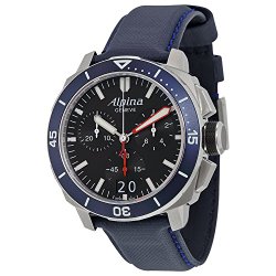 Alpina Seastrong Diver 300 Big Date Chronograph Black Dial Navy Leather Mens Watch AL-372LBN4V6