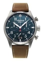 Alpina Startimer Pilot Chronograph Blue Dial Brown Leather Mens Watch AL-372N4S6