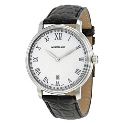 Montblanc Tradition Date White Guilloche Dial Black Leather Mens Watch 112633