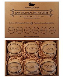 Premium Bath Bombs Gift Set – 6 Extra Large, 2 3/4 6.0 Oz. Aromatherapy and Wellness Blends by Natural Spa Bath