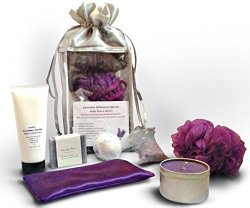 Lavender Spa Bath And Body Gift Set-Lavender Eye Pillow, Soy Candle, Bath Bomb, Artisan Soap, Bath Salts, Lotion, Pouf Sponge