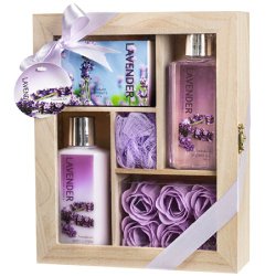 Lavender Spa Bath Gift Set in Natural Wood Curio