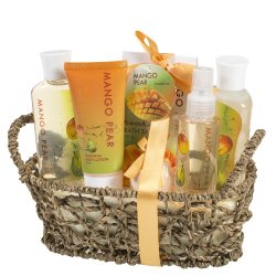 Mango Pear Spa Gift Set Woven Antique Basket,Shower Gel, Bubble bath,Bath Salt,Body Lotion, Body Spray, Bath Fizzer
